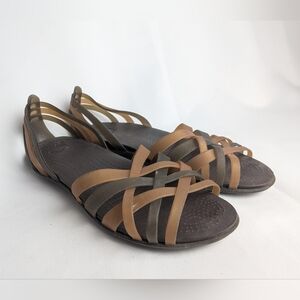 CROCS Isabella Huarache Flat Women Sandals Size 10 US Brown And Beige